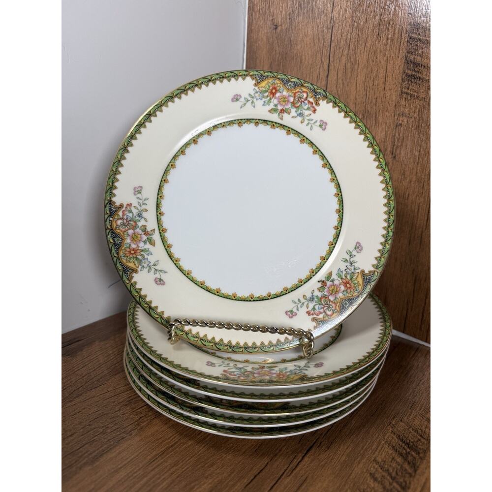 Set 6 Plate Antique Noritake Nippon Morimura Maple Leaf Mark Hand Painted Floral